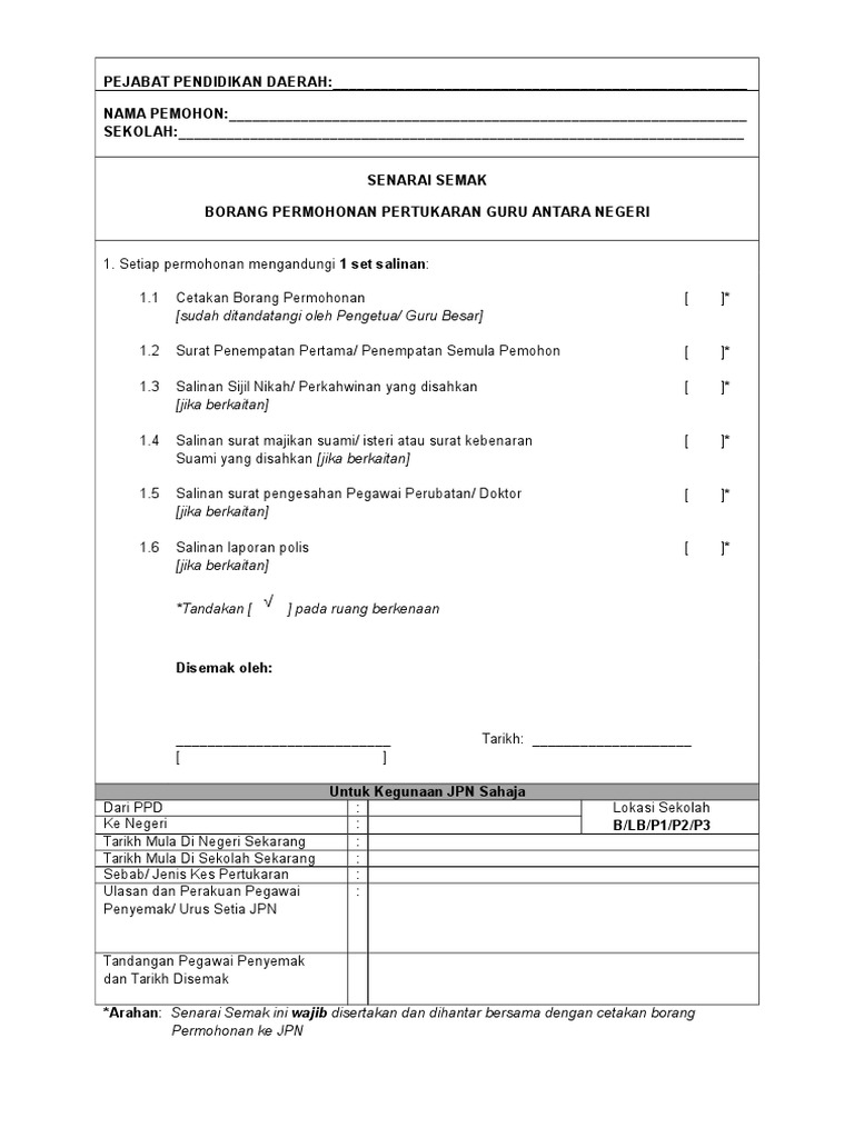 Senarai Semak Pertukaran Guru Eg Tukar Negeri Pdf