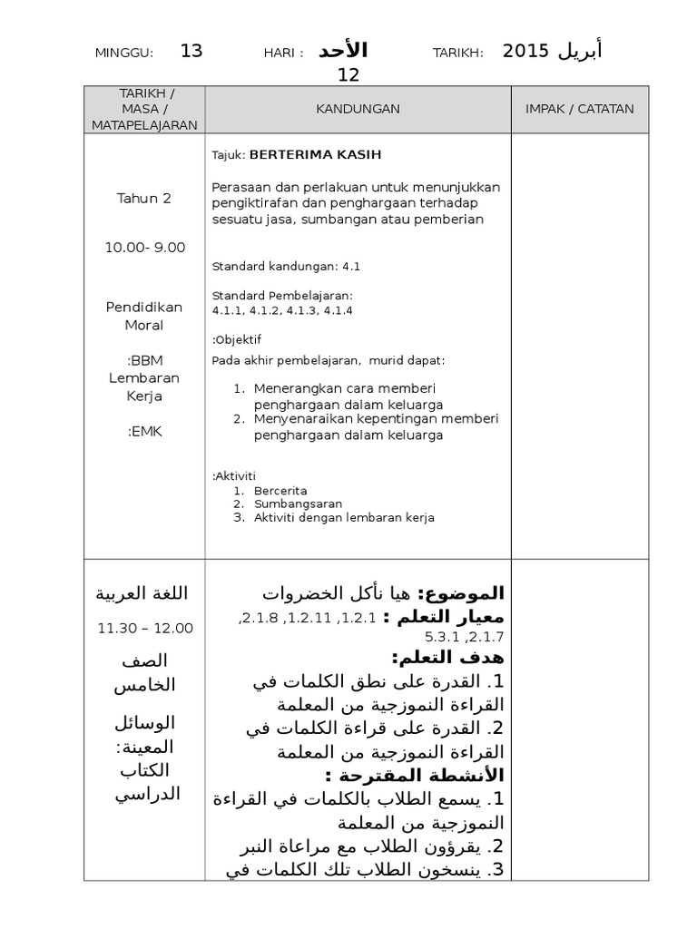 Contoh RPH Bahasa Arab | PDF