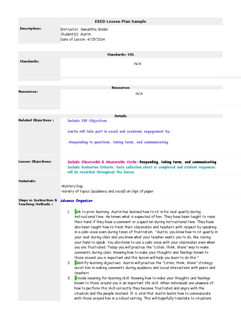 Autism Lesson Plan 1 | PDF | Lesson Plan | Classroom
