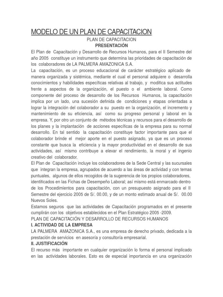 Modelo de Un Plan de Capacitacion | PDF | Planificación | Gestión de ...