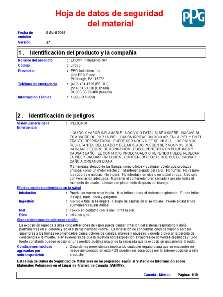 MSDS Epoxy Primer Gray Residuos Guante