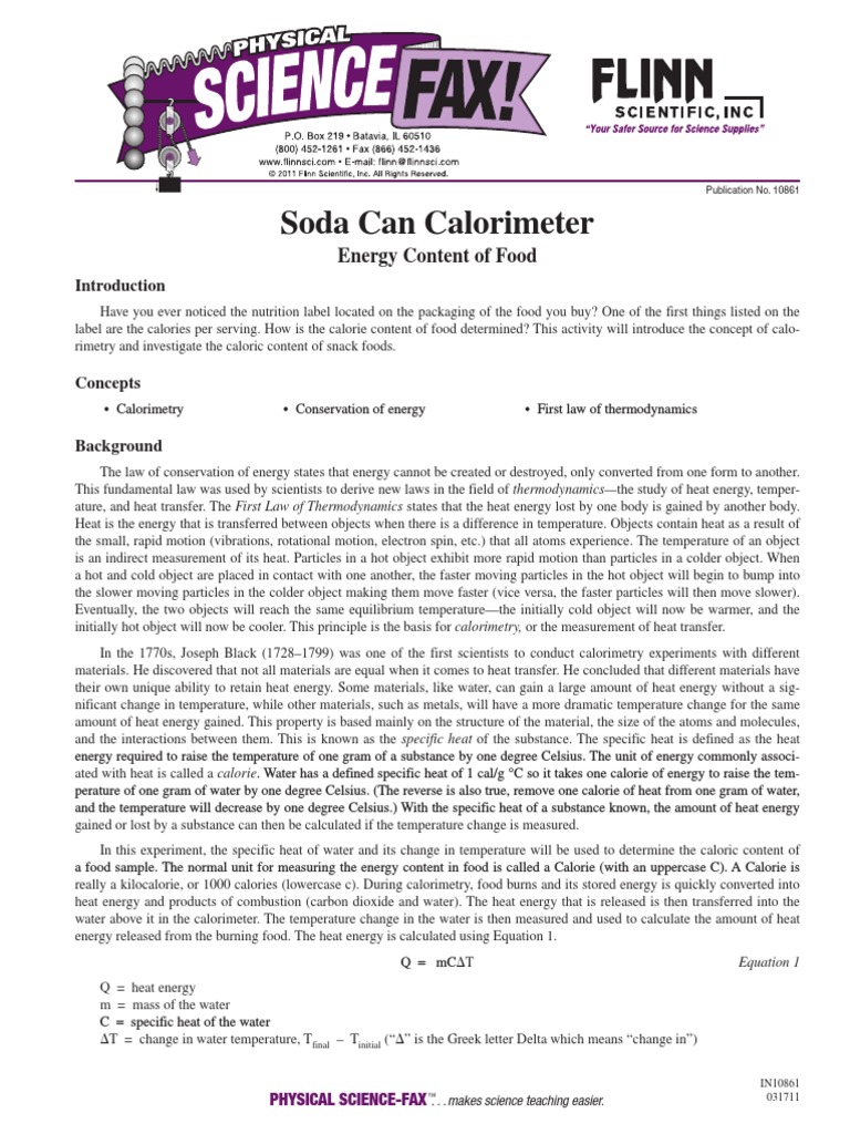 Soda Can Calorimeter Energy Content of Food PDF Calorie Heat