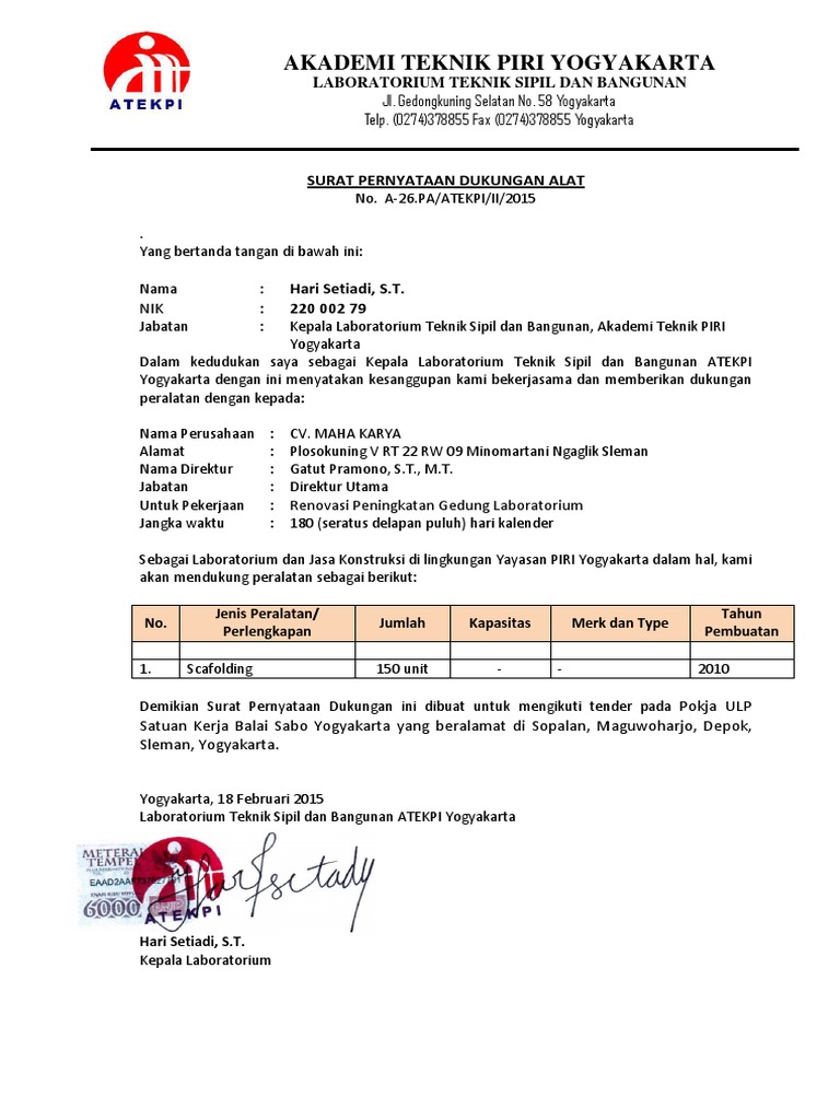 Surat Dukungan Scafolding Piri