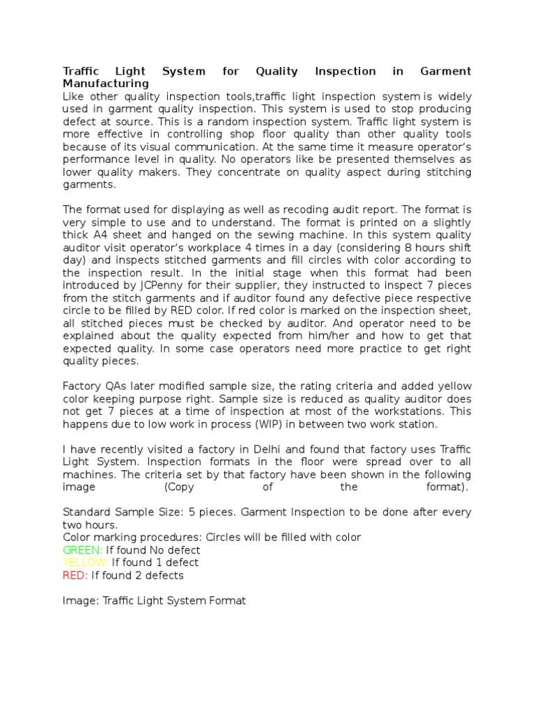 Traffic Light System for Quality Inspection in Garment Manufacturing