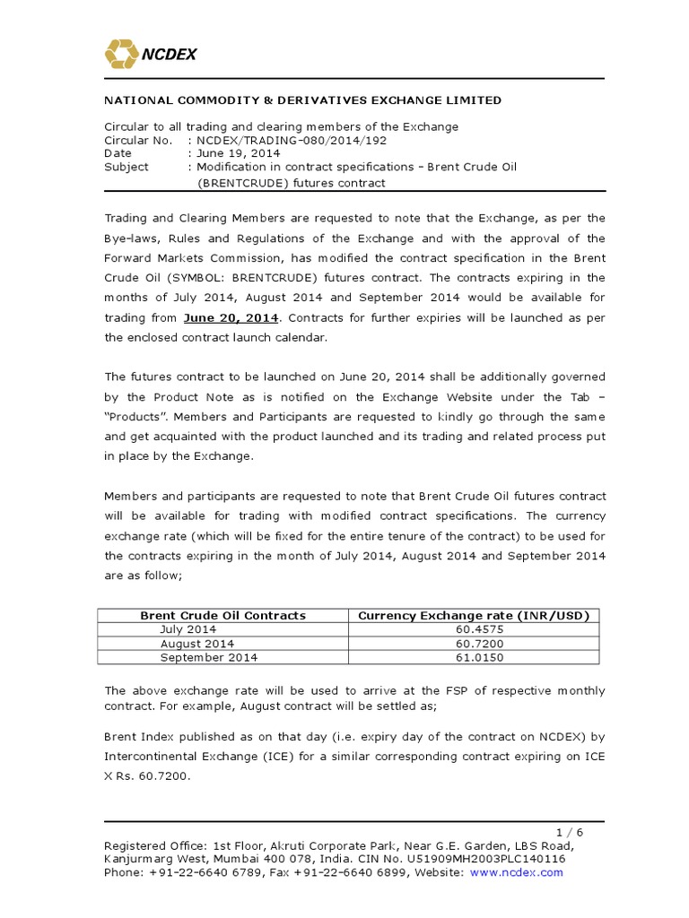 Modification Contract Specification Brent Crude Oil Futures Contract