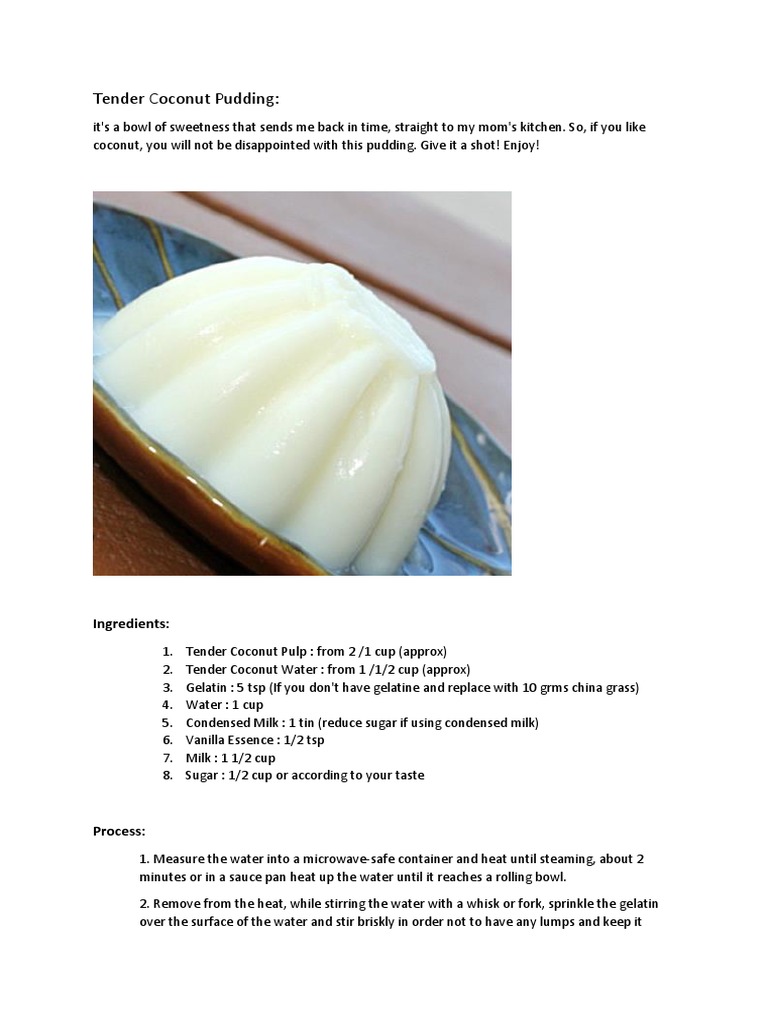 Tender Coconut Pudding Recipe | PDF | Cooking, Food & Wine