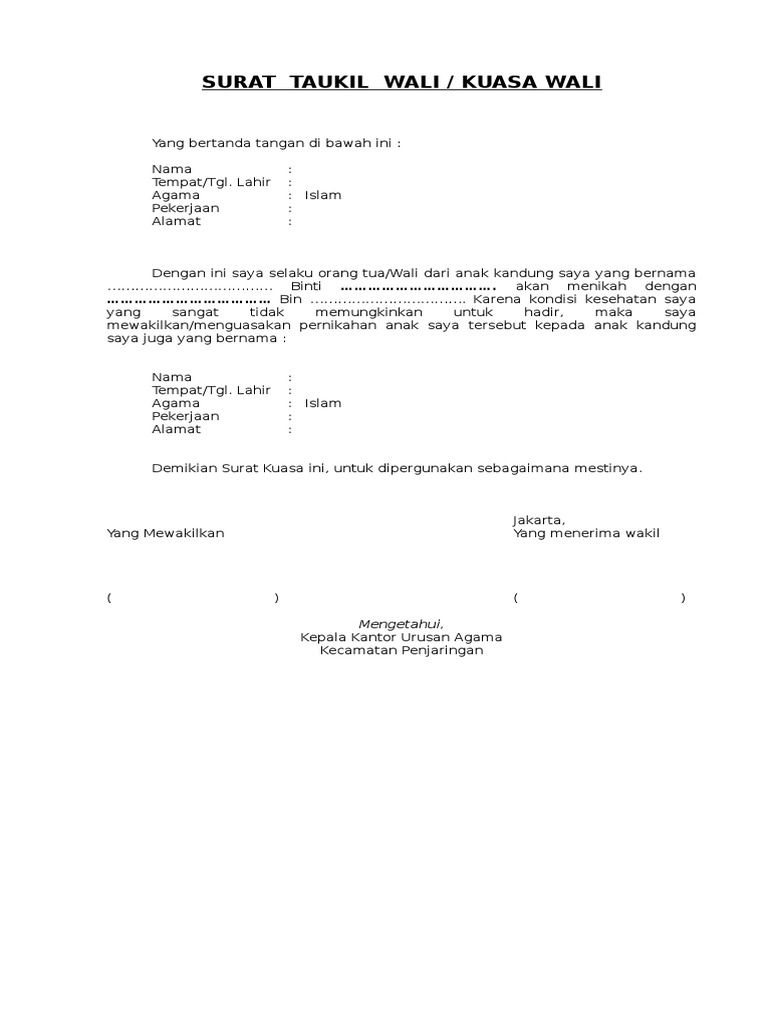 Surat Kuasa Wali Nikah