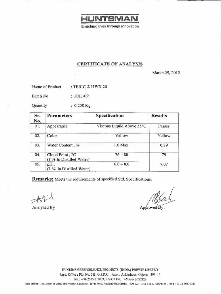 Coa of Teric HWX 20 and Jeffsol Ag 1730 | PDF