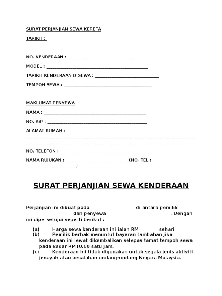 Surat Perjanjian Sewa Kereta