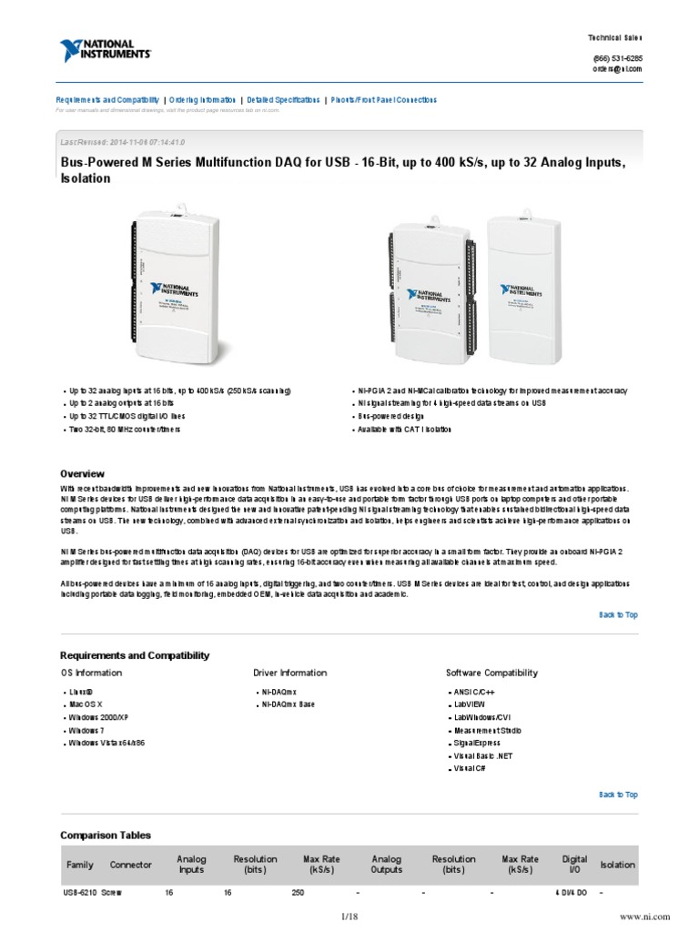 Bus-Powered Series Multifunction DAQ USB - 16-Bit, Up To 400 KS/S, To 32 Analog Inputs, Isolation | PDF