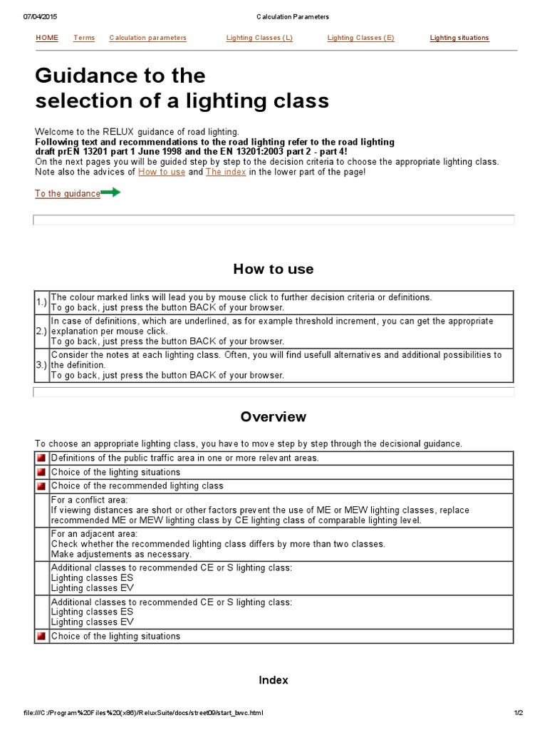 Guidance To The Selection of A Lighting Class | PDF