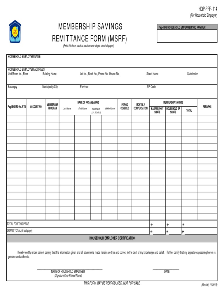 HDMF Membership Savings Remittance Form (MSRF, HQP-PFF-114, V01 ...