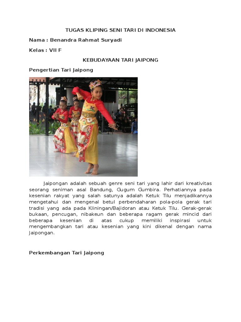 Tugas Kliping Seni Tari Di Indonesia Nama Benandra Rahmat Suryadi Kelas Vii F Kebudayaan Tari Jaipong Pengertian Tari Jaipong