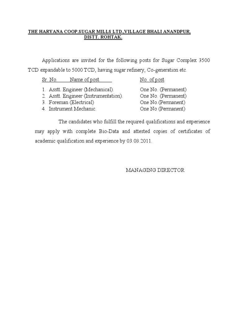 Vacancy Sugar Mill 2 PDF Science And Technology Engineering