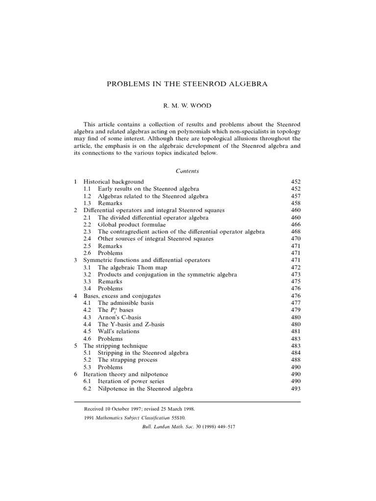 Wood 1998 Problems in The Steenrod Algebra PDF Category Theory
