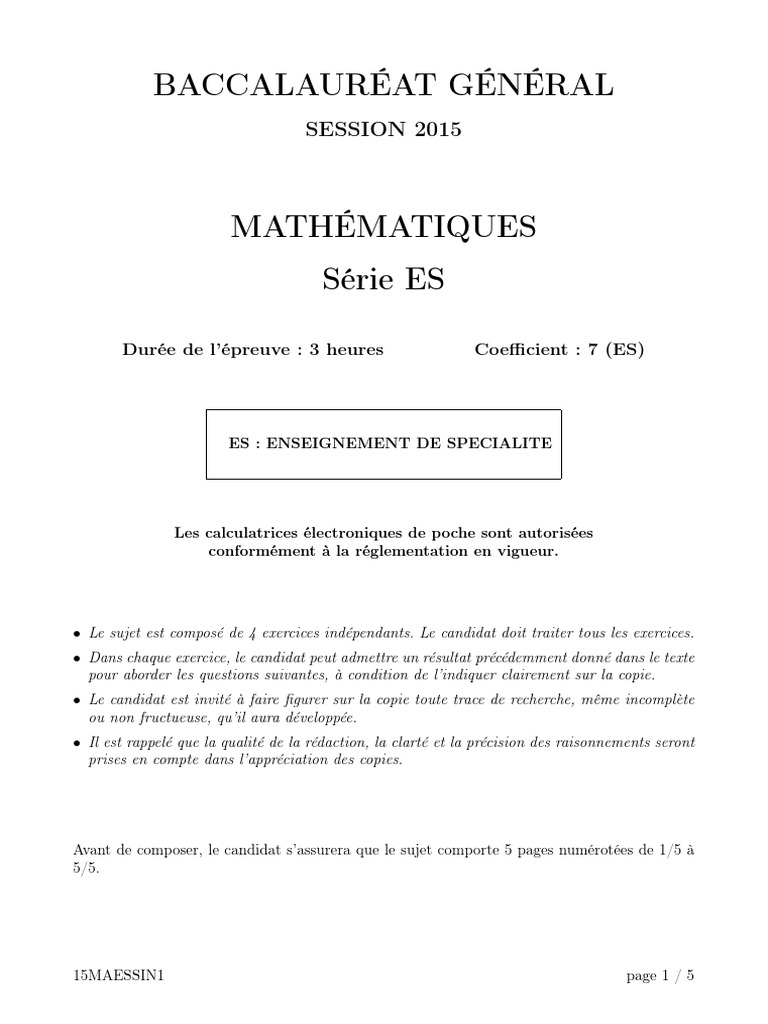 Bac 2015 : sujet de Mathematiques ES spécialité | Fonction ...
