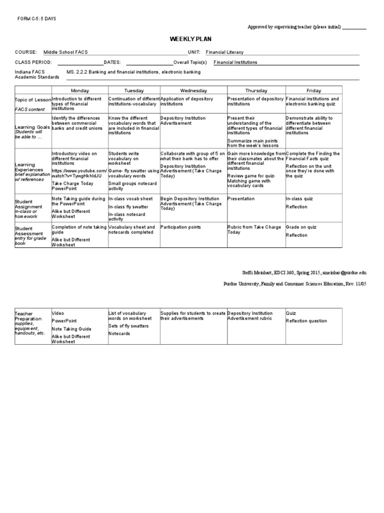 C5-Weekly Plan Form 5 Days | PDF | Advertising | Pedagogy