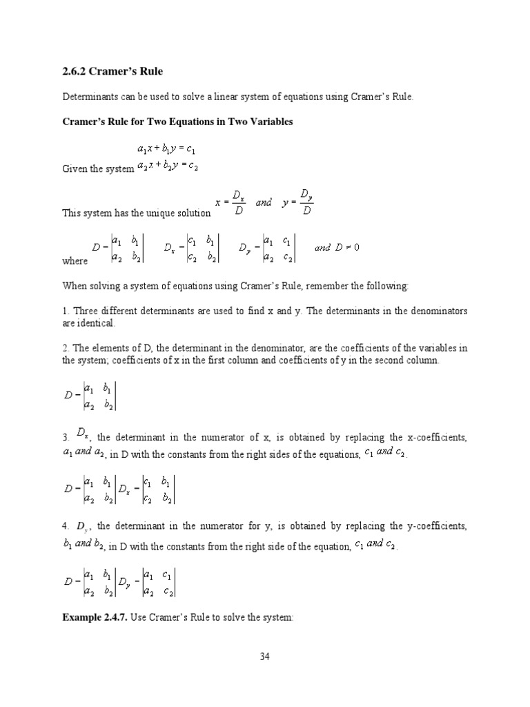 Cramer’s Rule for Two Equations in Two Variables