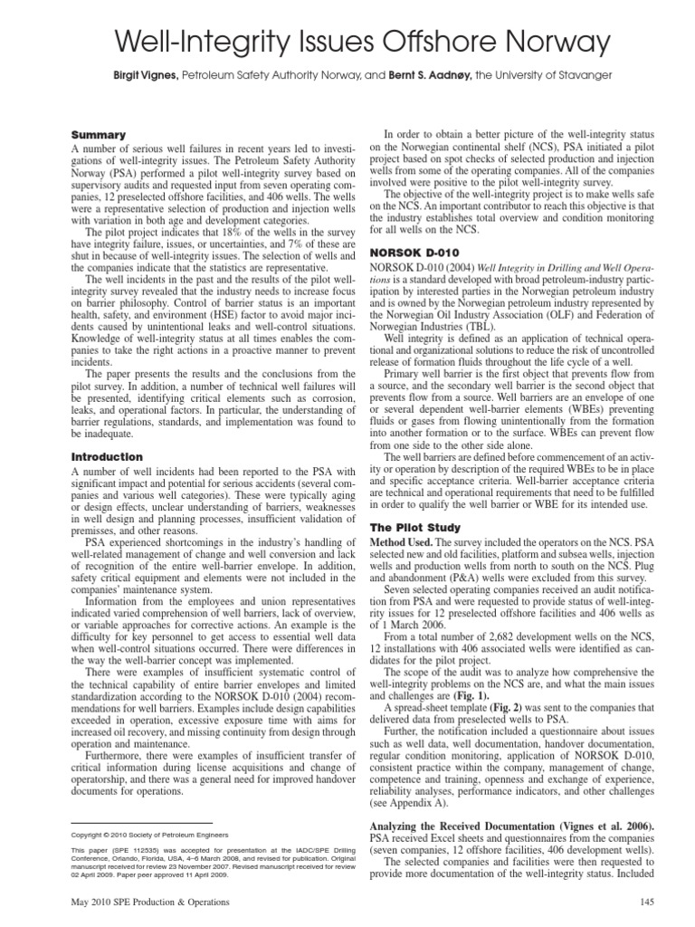 Well-Integrity Issues Offshore Norway: Tions Is A Standard Developed ...