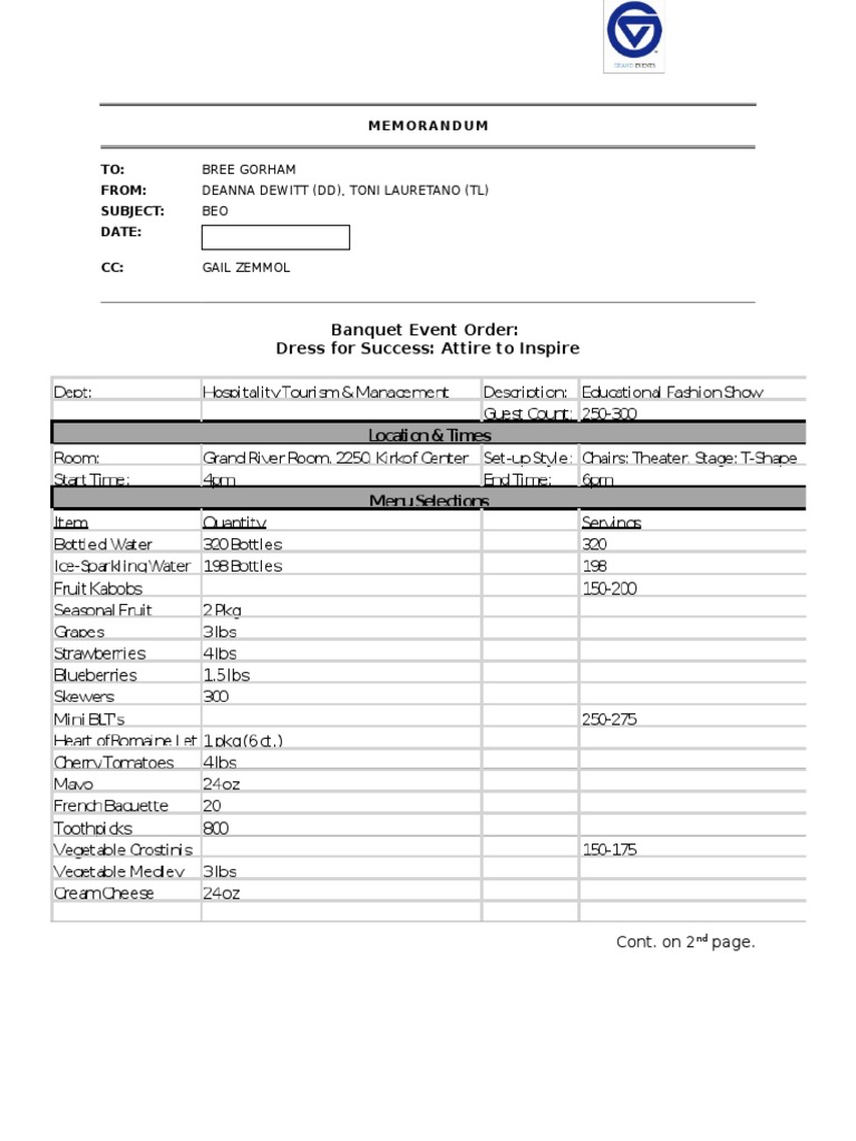 Banquet Event Order for Dress Success | PDF