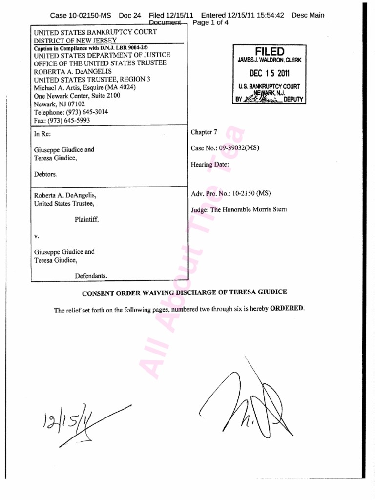 Consent Order: Teresa Giudice Discharge Waiver | PDF | Chapter 7 ...