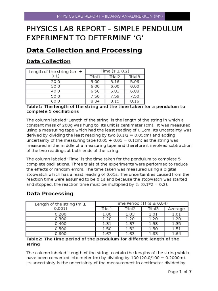 IB Physics Lab Report - Simple Pendulum | Pendulum | Observational Error