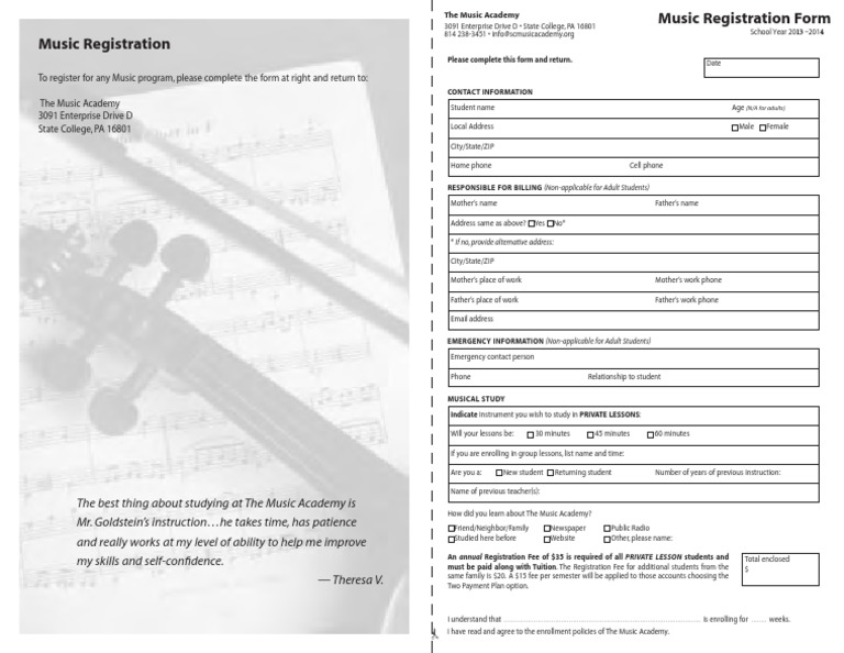 Music Academy Enrollment Form 2013-2014 | PDF | Social Science