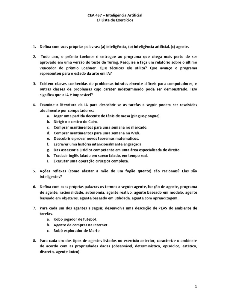 CEA 457 Inteligência Artificial 1ª Lista de Exercícios