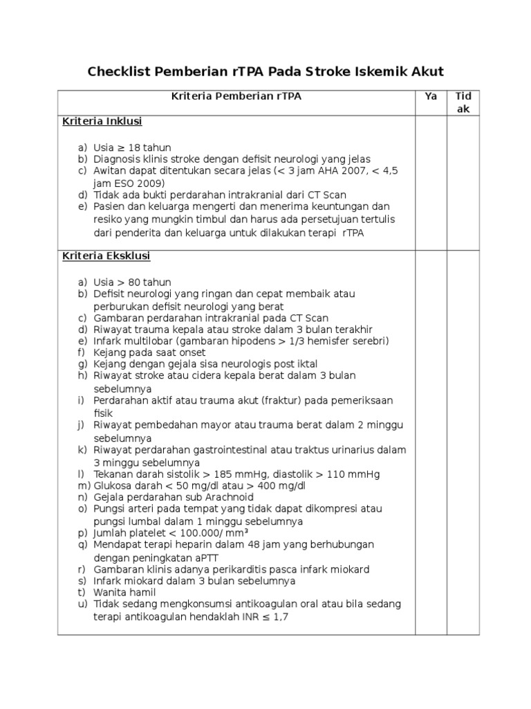 Checklist rTPA untuk Stroke Iskemik Akut | PDF