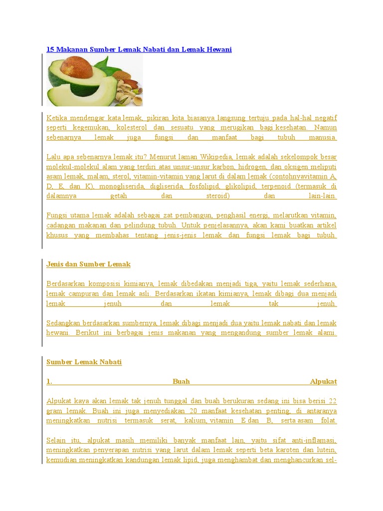15 Makanan Sumber Lemak Nabati Dan Lemak Hewani Pdf