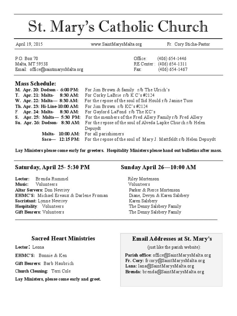 St. Mary's Catholic Church Mass Schedule PDF Mass (Liturgy) Deacon