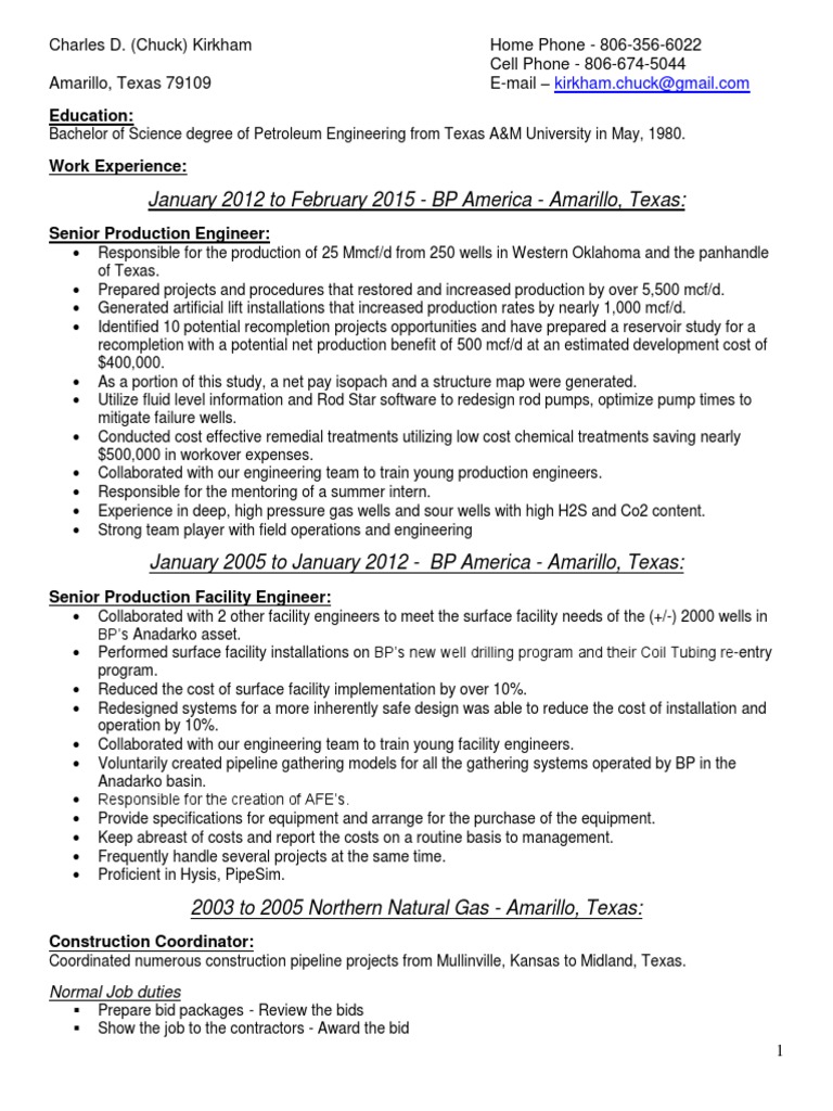 Senior Reservoir Engineer Production in Houston TX Resume Charles