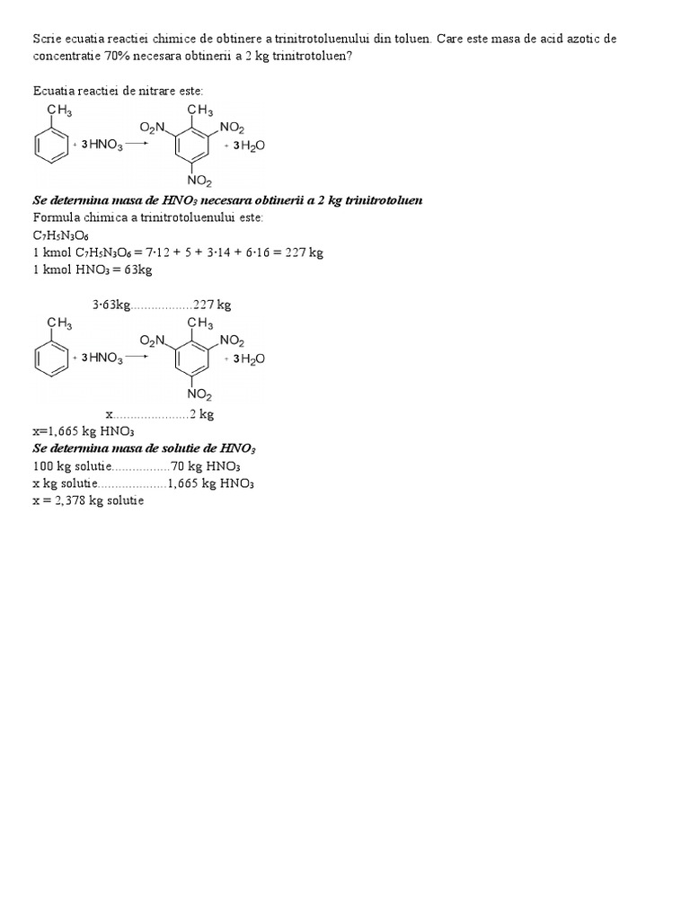 Scrie Ecuatia Reactiei Chimice De Obtinere A Trinitrotoluenului Din Toluen
