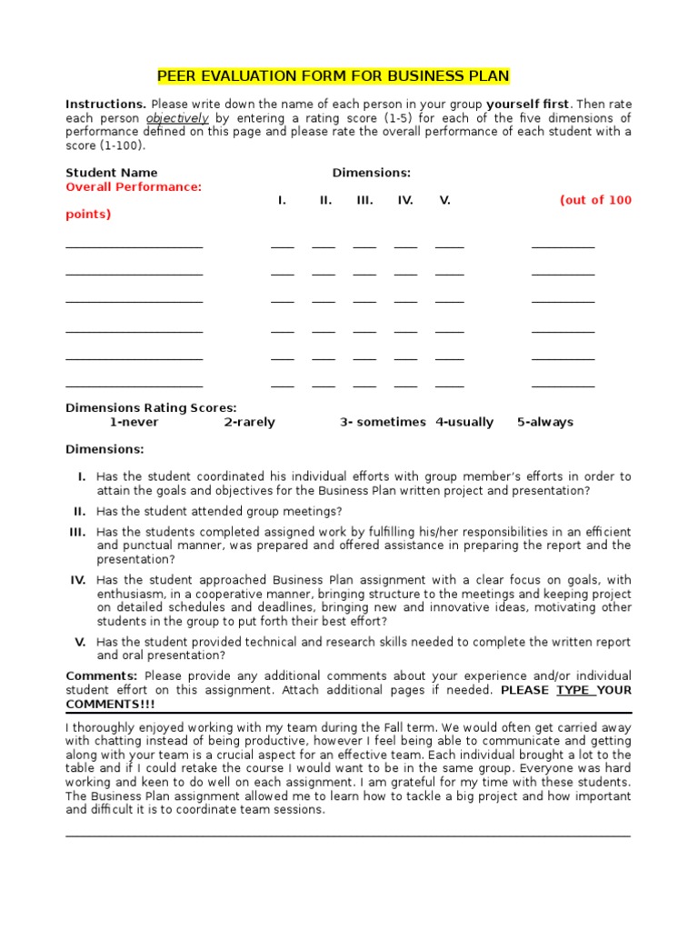 Peer Evaluation Form For Business Plan: Overall Performance: (Out of ...