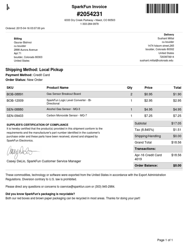 SparkFun Invoice #2054231 Details | PDF