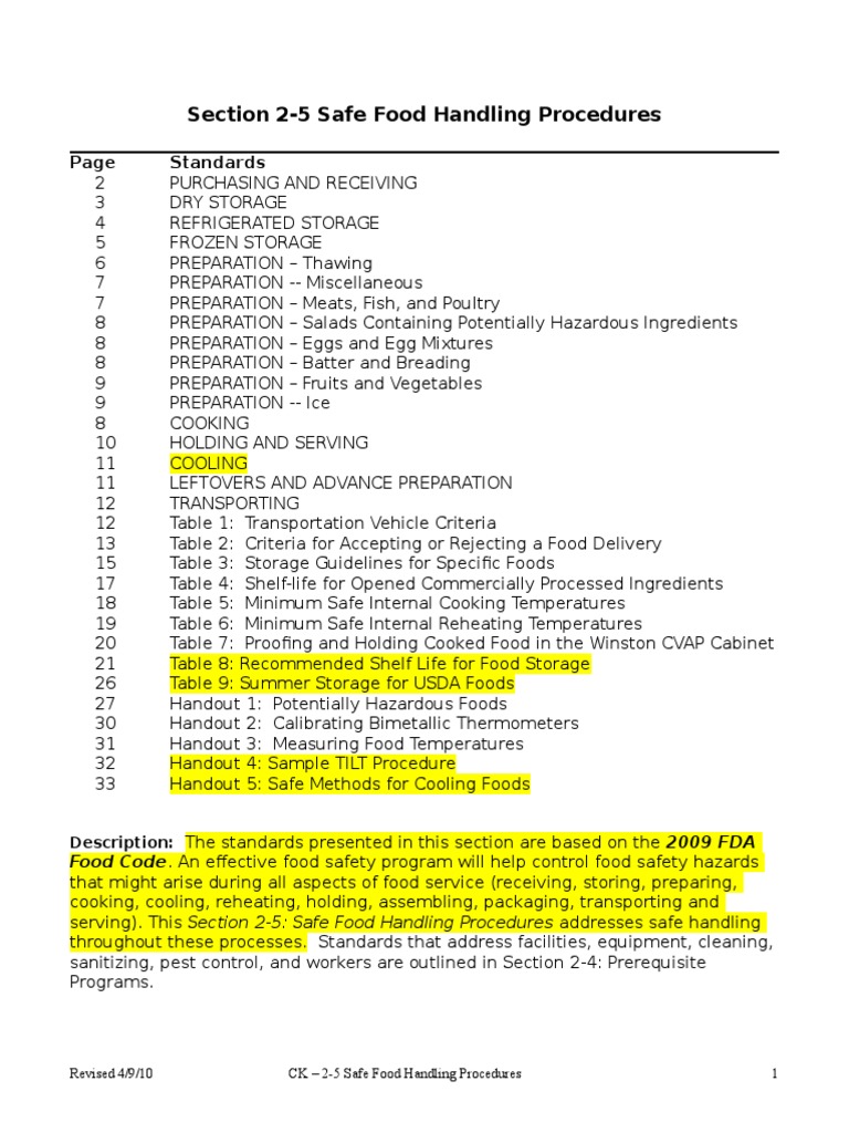 Section 25 Safe Food Handling Procedures Standards PDF