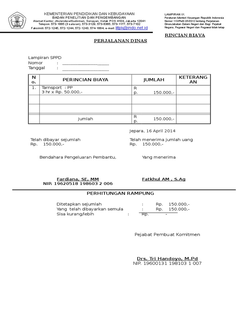 Rincian Biaya Perjalanan Dinas