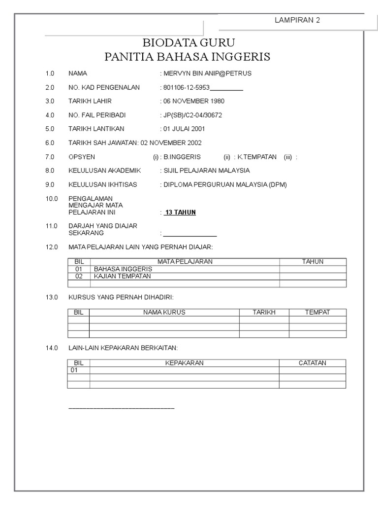 Borang Maklumat Guru Panitia  PDF