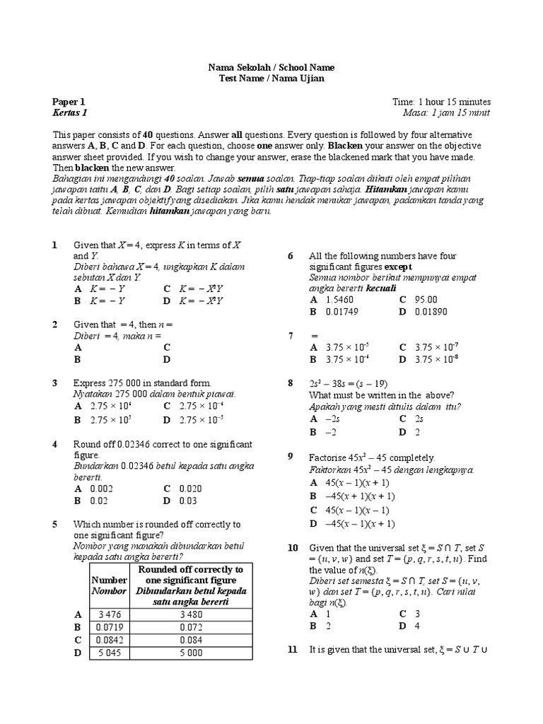 Set soalan matematik tingkatan 4