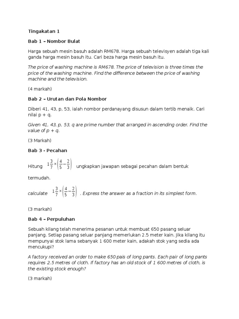 Soalan Kbat Matematik