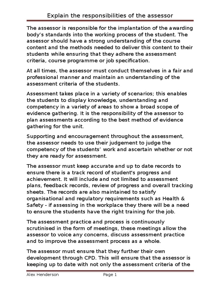 Roles & Responsibilities of An Assessor PDF Educational Assessment