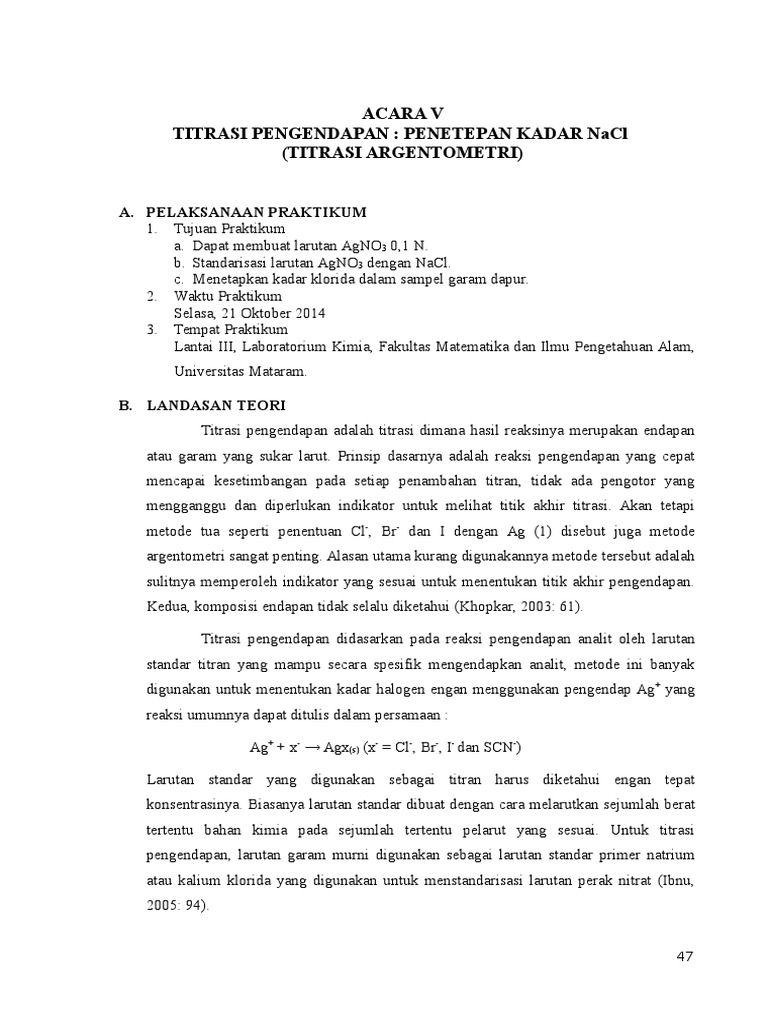 Acara V Titrasi Pengendapan Penetapan Kadar Nacl Titrasi Argentometri