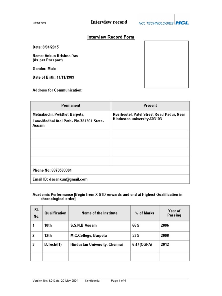 Interview Record Form_hcl Technologies Identity Document Government