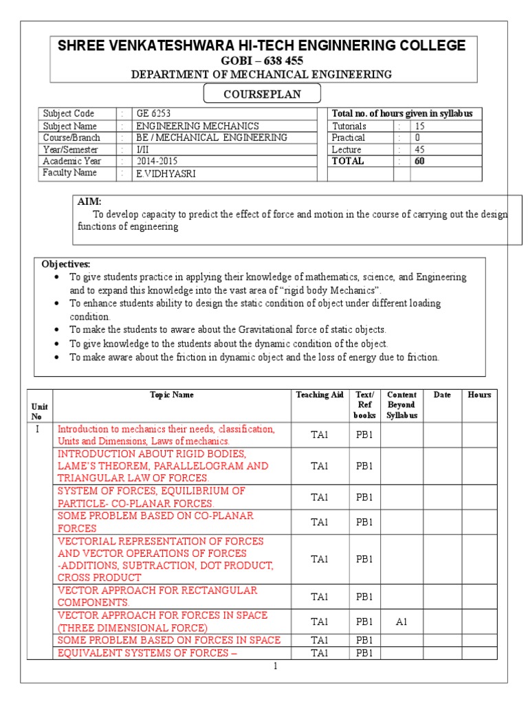 Lesson Plan Engineering Mechanics PDF Force Kinematics