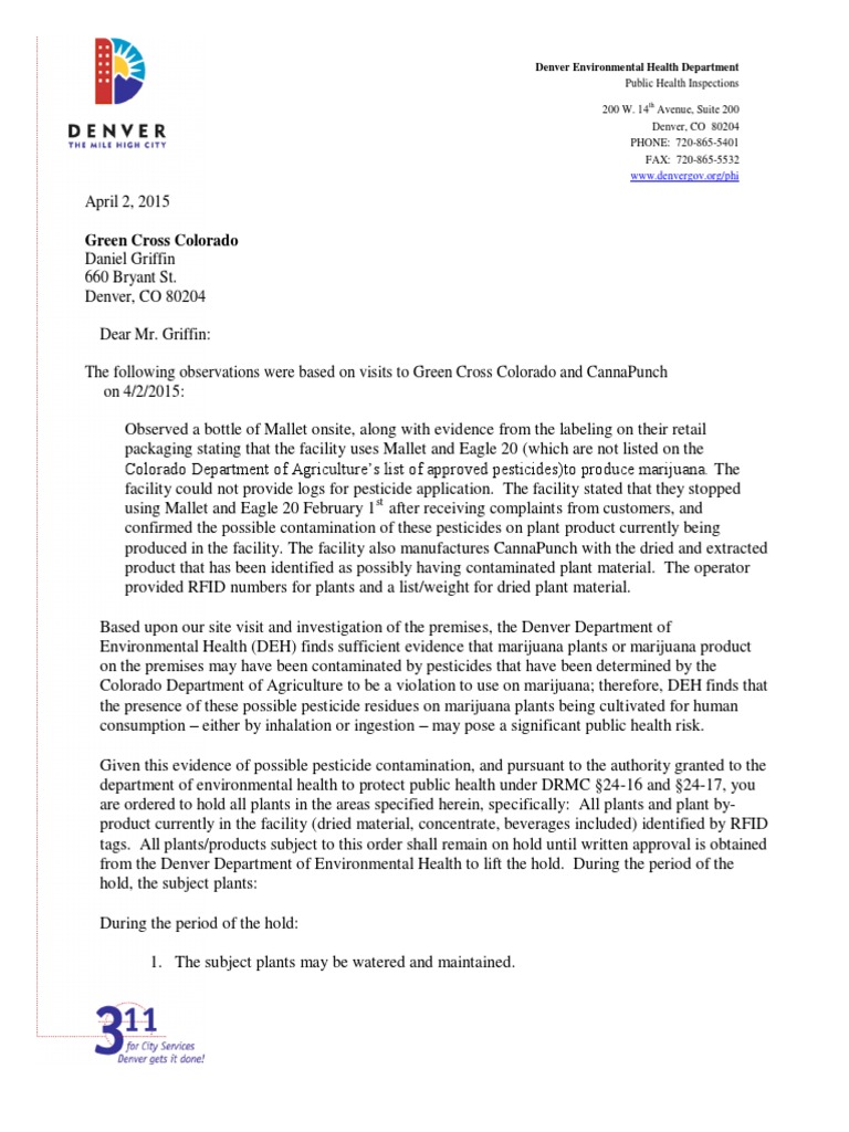Denver Marijuana Pesticide Contamination Notice | PDF