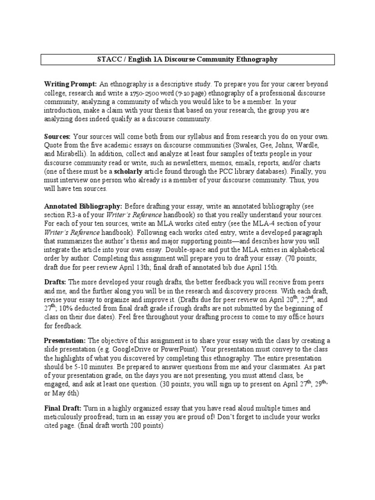 English 1A Ethnography Assignment | PDF | Essays | Bibliography