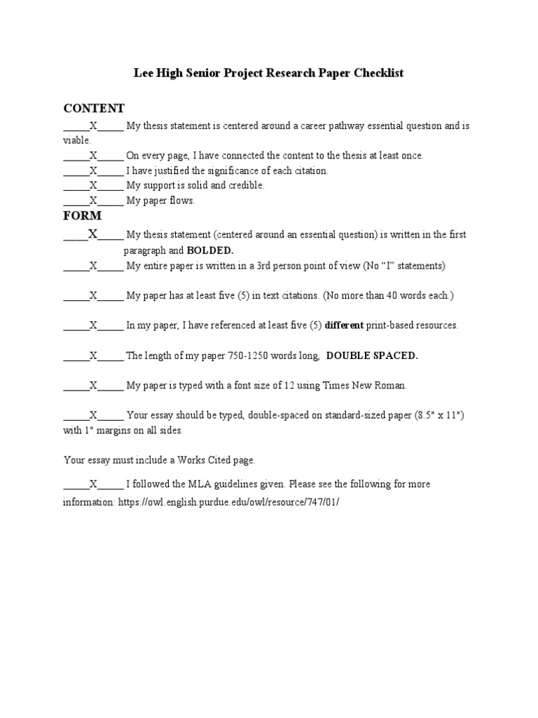 Lee High Senior Project Checklist | PDF