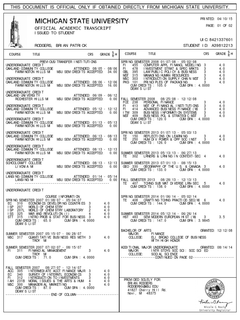 Msu Transcripts PDF Course Credit Michigan State University