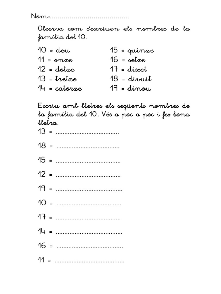 Els Números Del 10 Al 20 | PDF