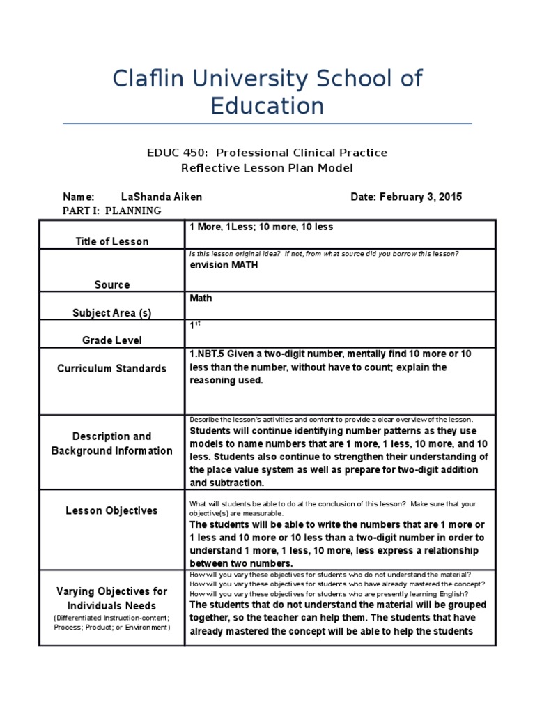 Math Reflective Lesson Plan Pdf Lesson Plan Classroom Management